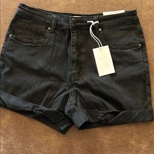 Zenana Outfitters Black Rolled Hem Distressed Denim Shorts